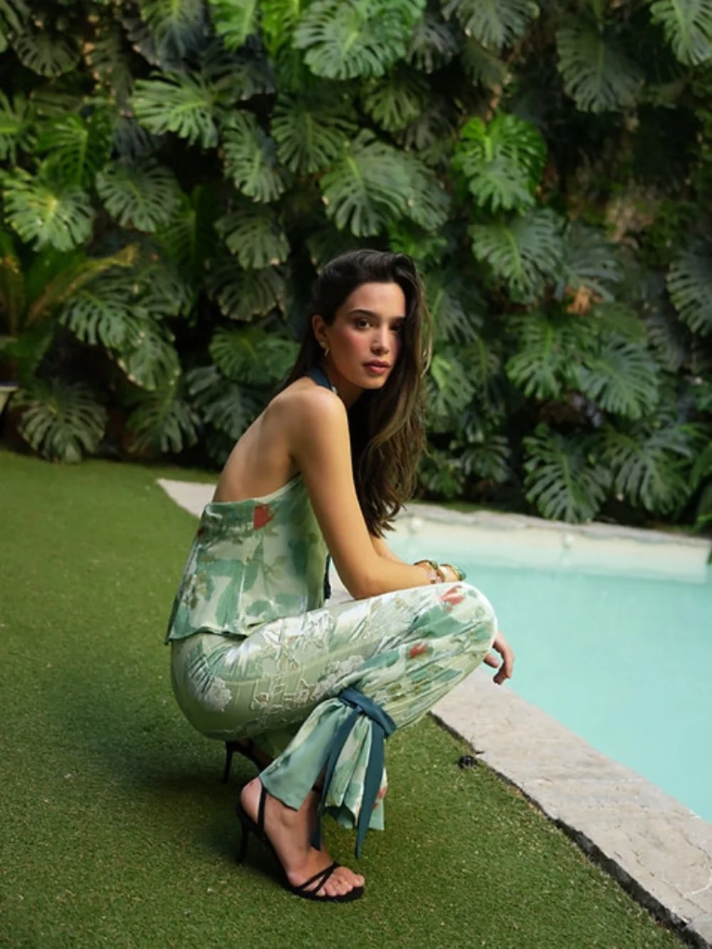 Claw the Label La Piazza Set NWT Green Floral Silk Pant Set Wedding Guest Resort - Picture 7 of 16